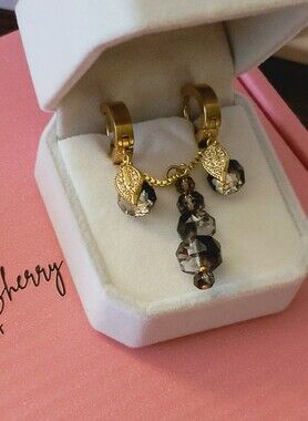18k Gold Czech Glass Bead Necklace Earring Set - White Roses & Sherry